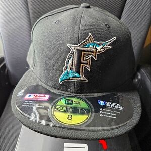 New Era Black 59FIFTY Fitted Cap 59Fifty 5950 Hat Size 8 Florida Marlin